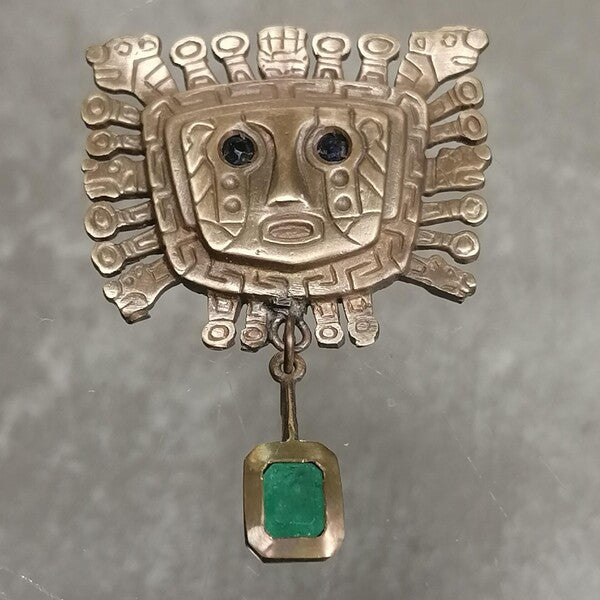 CIONDOLO AZTECO IN BRONZO ZAFFIRI E SMERALDO