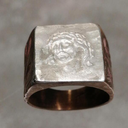 Anello Cristo in bronzo e argento