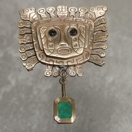 CIONDOLO AZTECO IN BRONZO ZAFFIRI E SMERALDO